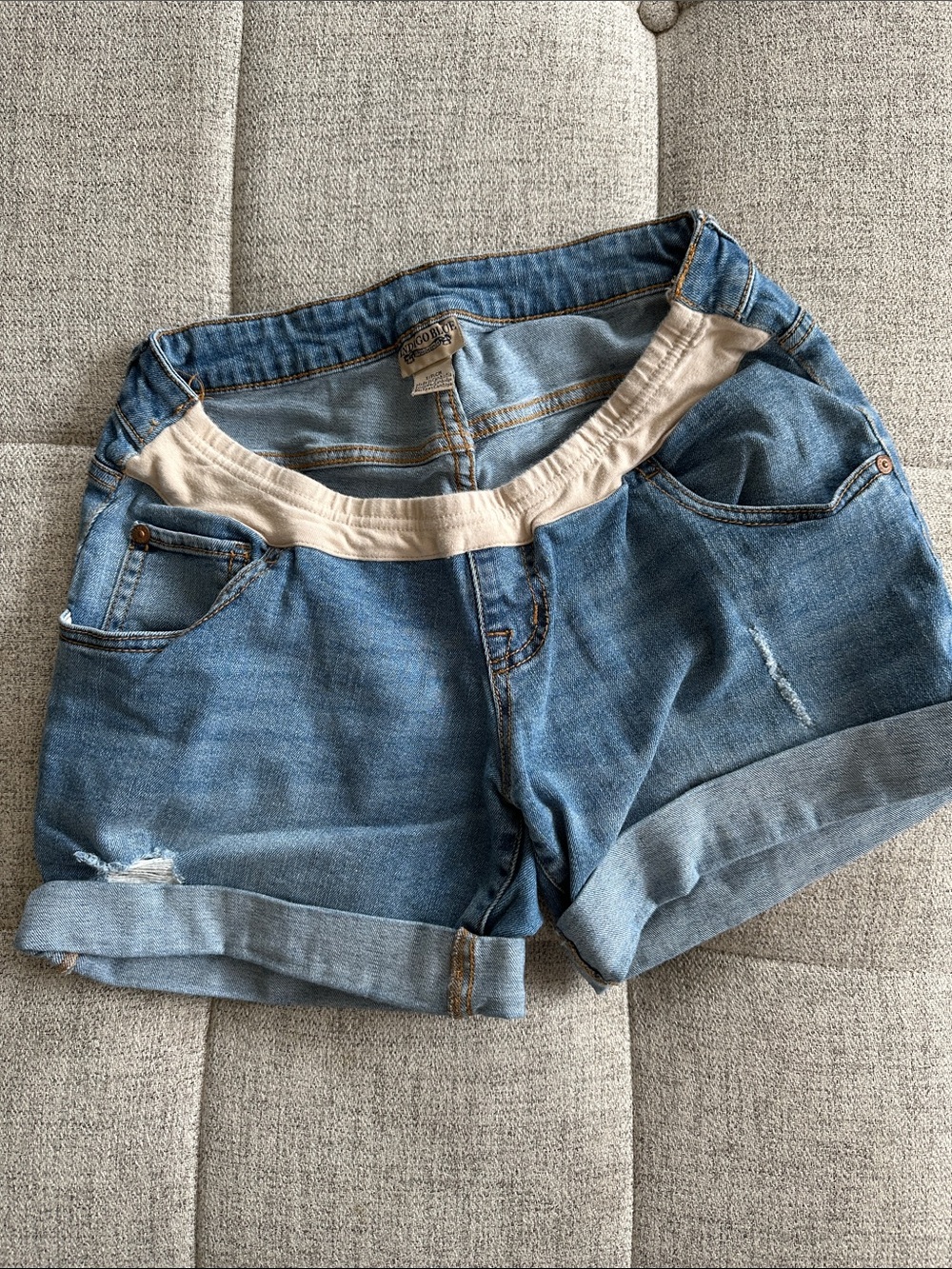 Indigo Blue Light Blue Denim Maternity Shorts with Beige Elastic Waist